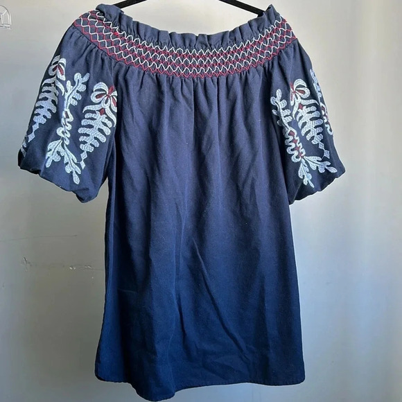 Navy Blue Off the Shoulder Shirt with Embroidery | Rebellion Off the Shoulder - Picture 1 of 13